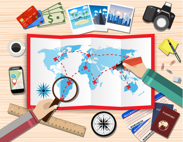 couple of mans with magnifier and pen planning trip. paper map of world. passport, airplane ticket, photo camera photos, sticky notes. vector illustration in flat design on light background - Vector, Image