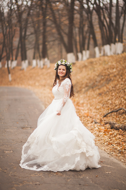公園と森林の秋でポーズ美しい花嫁 - 写真・画像