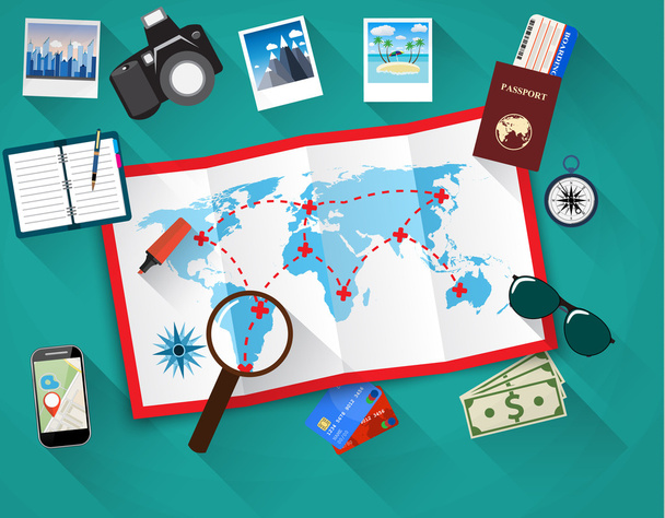 planning trip concept at table with paper map of world, magnifier, pen, passport, airplane ticket, photo camera photos, sticky notes. vector illustration in flat design on light background - Vector, Image