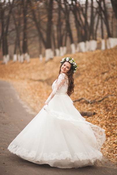 Beautiful bride posing in park and forest autumn - Foto, Imagen