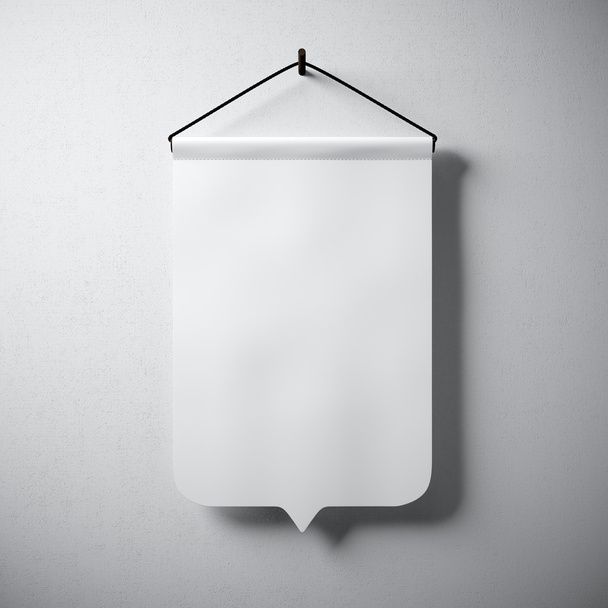 Blank white pennant hanging concrete wall. Ready for your business information. High detailed texture material. Soft shadows. Abstract background. Square. 3D rendering - Φωτογραφία, εικόνα