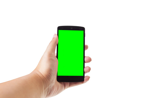 mano masculina celebración de teléfono inteligente móvil con pantalla en blanco
 - Foto, imagen