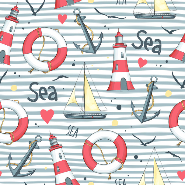 Desen yelkenli, deniz feneri lifebuoy, çapa - Vektör, Görsel