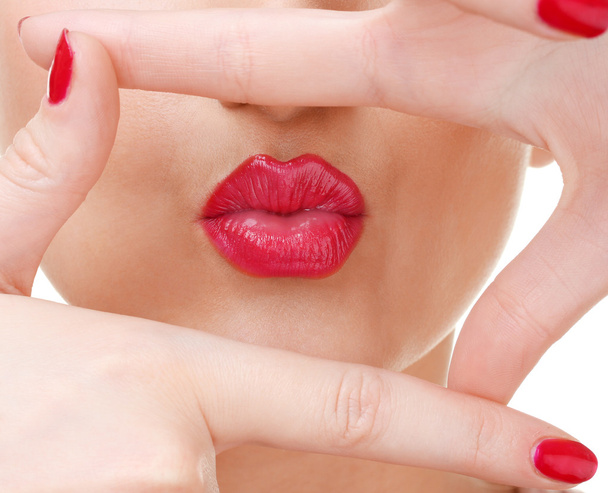 Beautiful make up of glamour red gloss lips and red manicure - 写真・画像