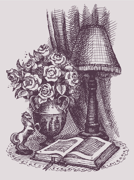 wektor martwa natura z bukietem róż wokół otwartą książkę - Wektor, obraz