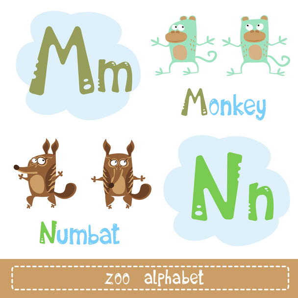 Letras coloreadas del alfabeto junto a imágenes de personajes abstractos animales divertidos aislados sobre fondo blanco
 - Vector, imagen