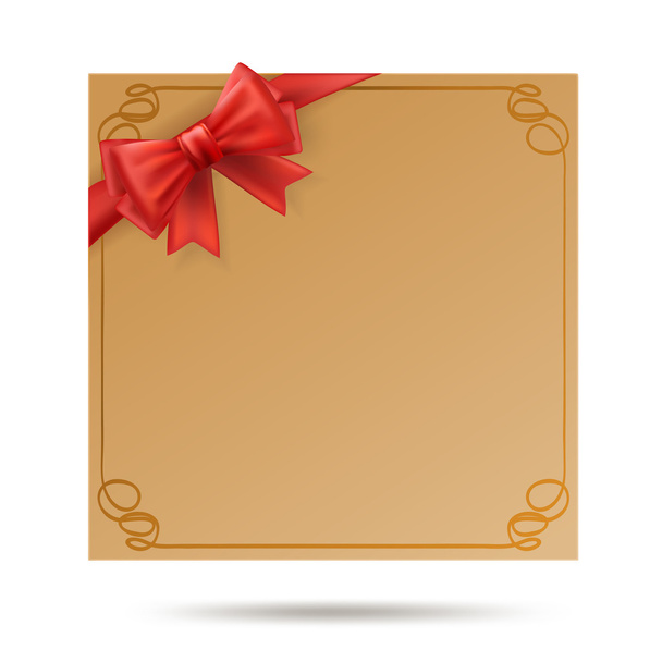 gift card with golden swirl frame and red ribbon. red bow decora - Vector, Imagen