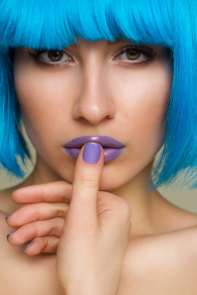 Portrait of beautiful sexy fashion model in blue wig - Fotoğraf, Görsel