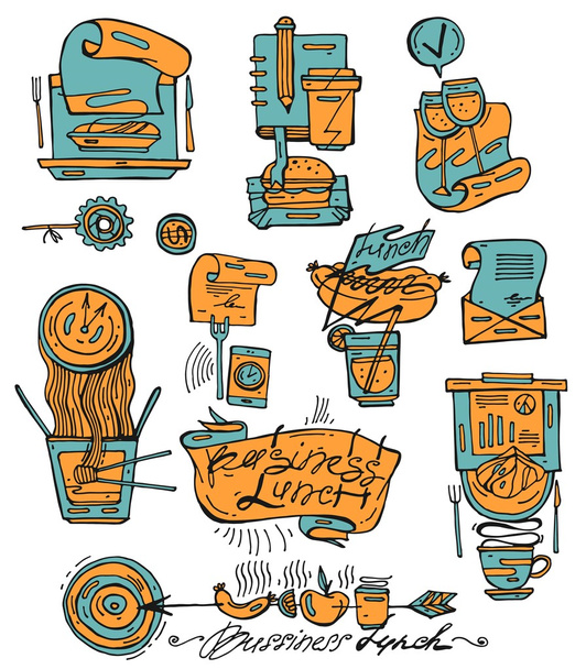 Ручной рисунок векторных икон набор бизнес-ланч в стиле эскиз в двух цветах оранжевый и синий
 - Вектор,изображение