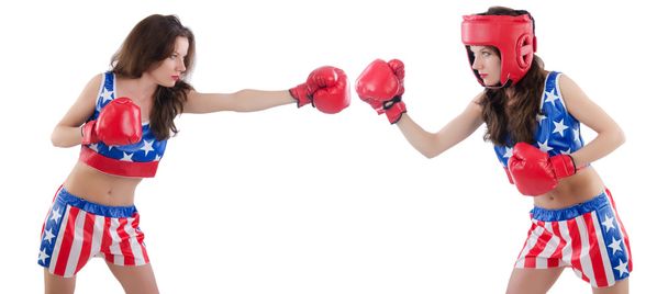 Дві жінки-боксери борються ізольовані на білому
 - Фото, зображення