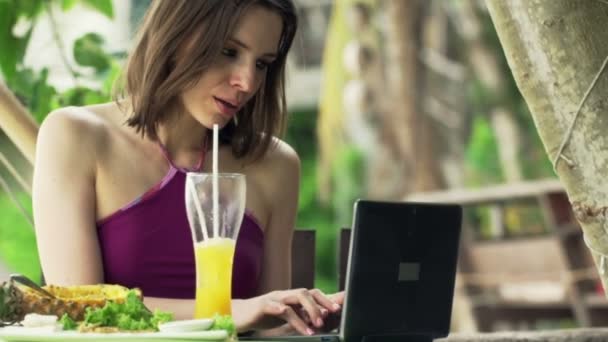 woman using laptop and drinking juice in cafe - Video