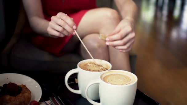 woman hands adding sugar into coffee in cafe - Materiał filmowy, wideo