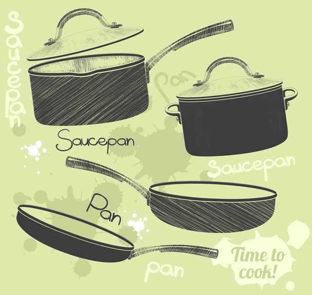 Pans and pots realistic set with frying pan saucepan and bowl - Vector, Image
