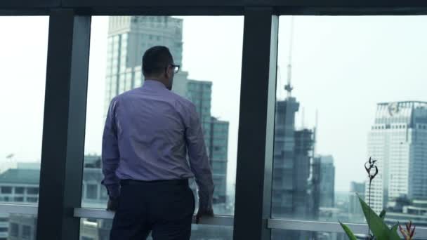 Successful businessman looking at cityscape - Кадри, відео