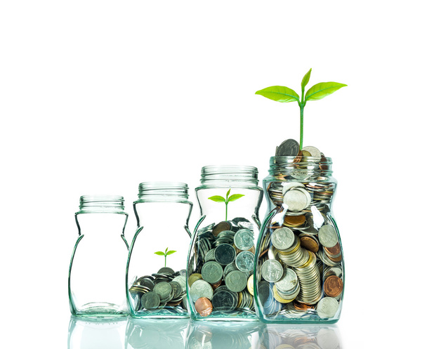 Змішайте монети і насіння в прозорій пляшці на білому тлі, концепція інвестиційного зростання бізнесу
 - Фото, зображення