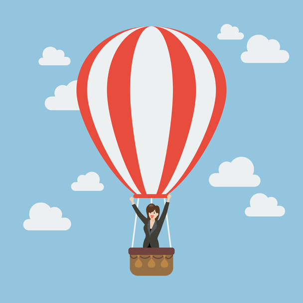 Zakenvrouw vieren in hete luchtballon - Vector, afbeelding