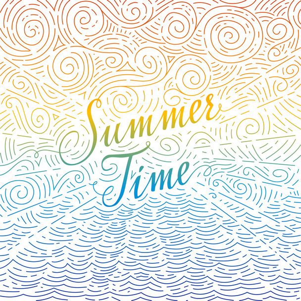 Summertime. Handwritten phrase on an abstract background of sea and sky. Colorful doodles - Vector, Image