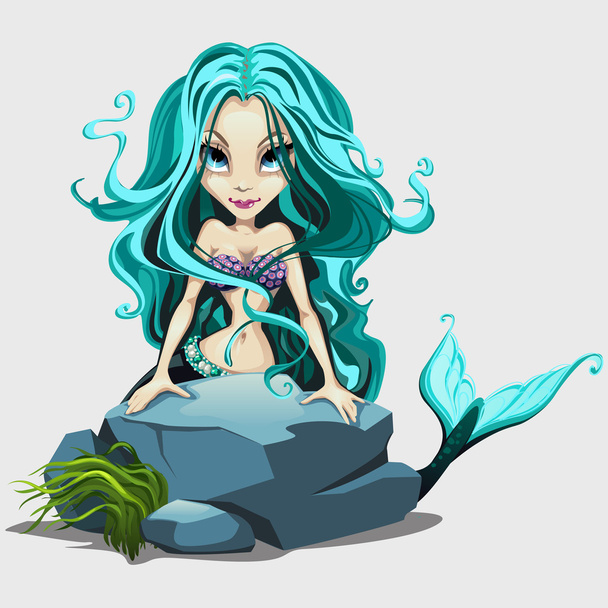 Cute mermaid with long blue hair behind a rock - Διάνυσμα, εικόνα
