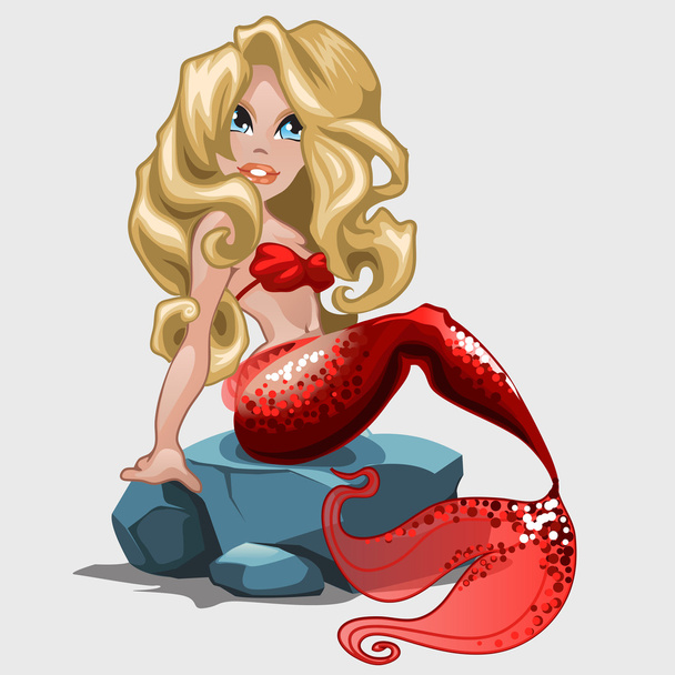 Blonde mermaid in red swimsuit sits on a rock - Vettoriali, immagini