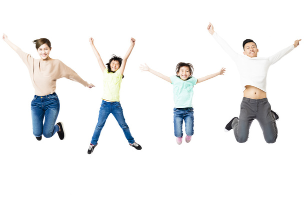 happy family jumping together isolated on white - Φωτογραφία, εικόνα