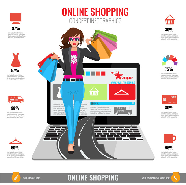 Zakupy online koncepcja infografiki w wektorze. Kobieta z laptopa - Wektor, obraz