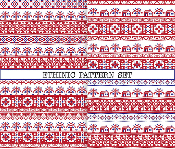 Etnische emproidery patronen met bomen en huizen - Vector, afbeelding