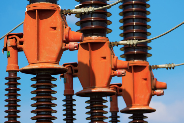 Power substation detail, red high voltage isolation - Photo, Image