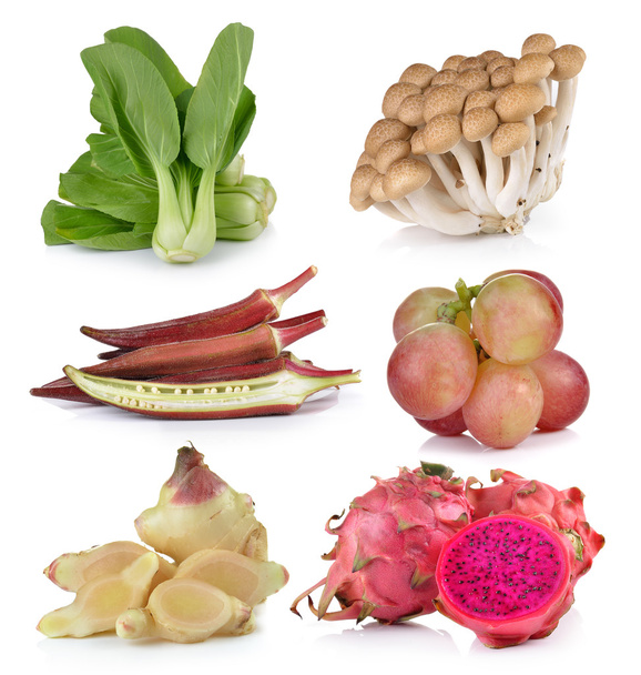 Bok choy, roselle, grapeginger, dragon fruit, mushrooms on white
 - Foto, Imagen