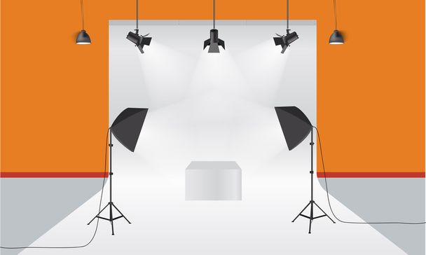 Fotografické studio s osvětlovací zařízení a vektorové pozadí. Zobrazit maketa - Vektor, obrázek