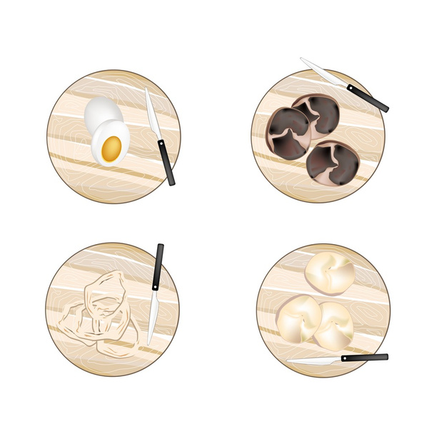 Variedad de carne cruda y huevos en los tableros de corte
 - Vector, Imagen