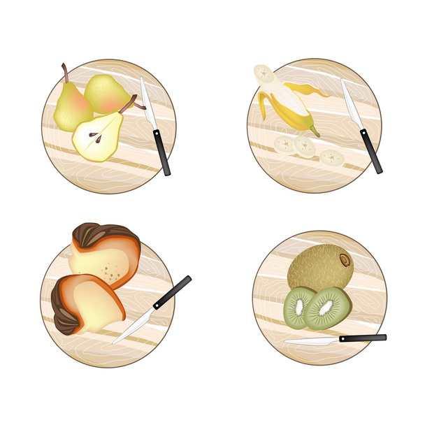 Päärynät, banaani, kurpitsa ja kiivit leikkuulaudoilla
 - Vektori, kuva