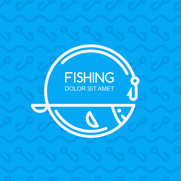 Linear fish and fishing rod on blue seamless pattern with hooks  - Vector, Image