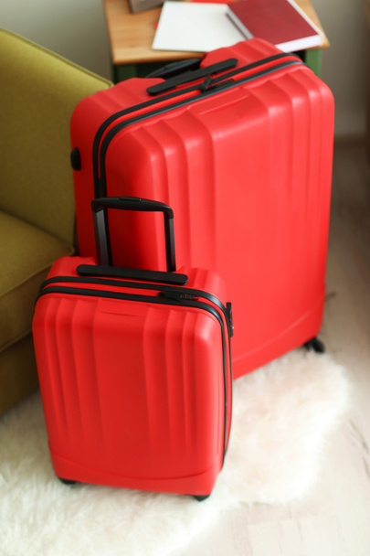 Large red polycarbonate suitcases, close up - 写真・画像