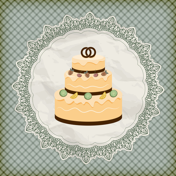 vector retro wedding invitation with big wedding cake on lacy na - Διάνυσμα, εικόνα
