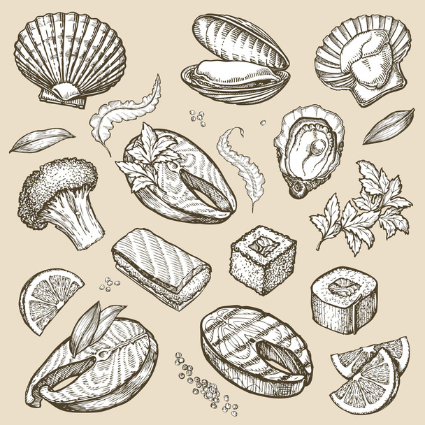 Hand drawn sketch set seafood. Vector illustration - Vector, afbeelding