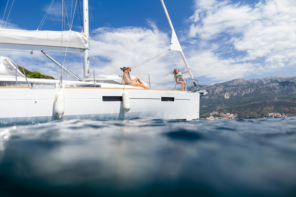 girls yachting and photograph sea cruise vacation - Photo, Image