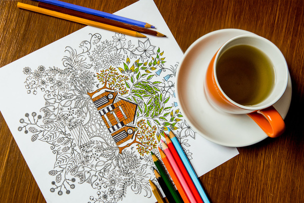 Anti-stress coloring book in the drawing process - Photo, Image