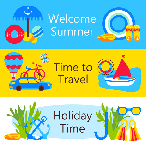 Καλοκαιρινές διακοπές αντικείμενα πολύχρωμο web banners σύνολο - Διάνυσμα, εικόνα
