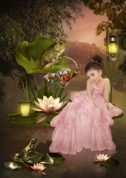 長いピンクのドレスの少女 - 写真・画像
