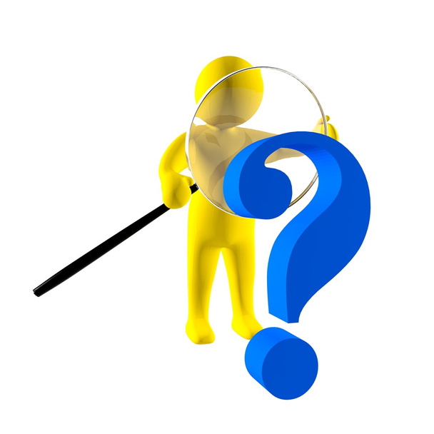 3d man using magnifying glass investigating blue question mark - Photo, Image