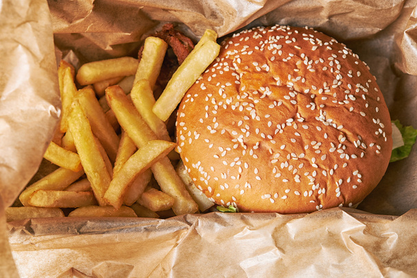 hamburger and french fries - Фото, изображение