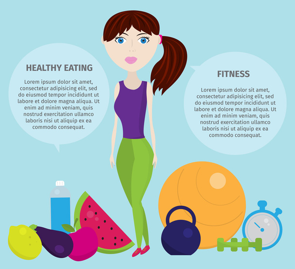 Infographics healthy lifestyle with healthy food icons, dumbbell, fruits, camping, fitness woman. Teenage girl. Teen girl. Love girl. Romantic girl. Pretty girl. Diet concept. Meal plan. Fitness food. - Vettoriali, immagini