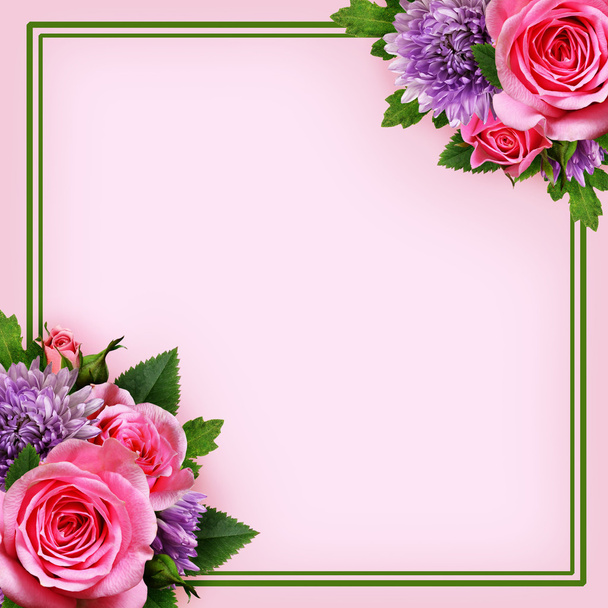 Aster and rose flowers arrangement and a frame - Foto, Imagem
