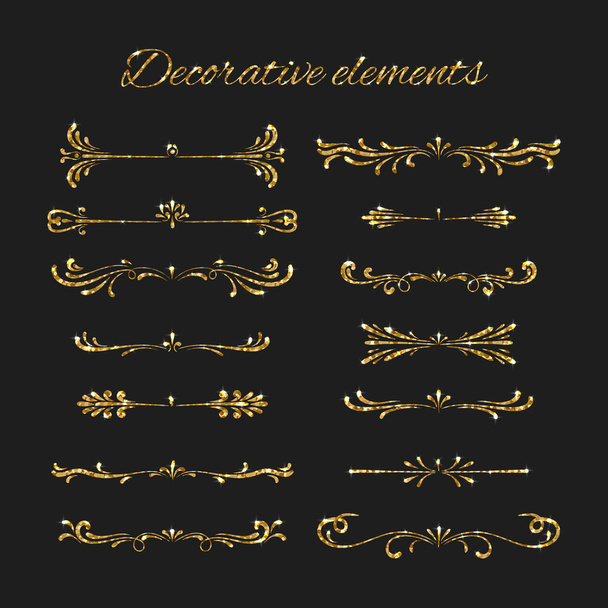 Golden dividers set. Ornamental decorative elements. Vector ornate elements design. Gold flourishes. - Vektor, kép