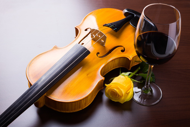 Violin, flower and red wine - Photo, image