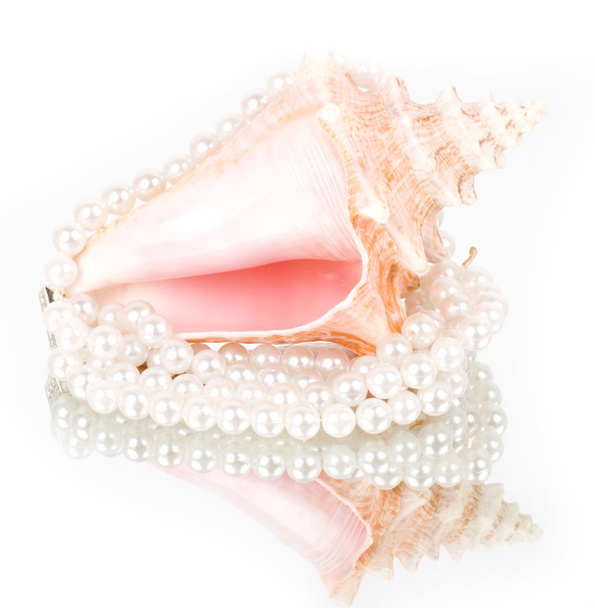 schöne exotische Muschel und Perlen auf weißem Hintergrund. - Foto, Bild