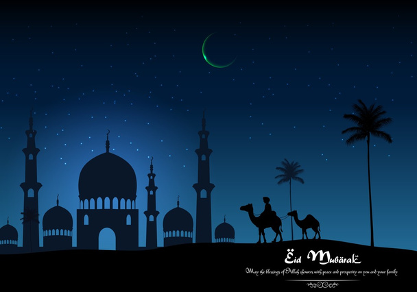 Eid mubarak with camel walks through and mosque in desert on night day - Vector, Image