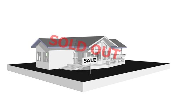 Sello agotado en venta signo nuevo modelo de casa 3D generar por computadora aislado concepto de bienes raíces de fondo
 - Foto, Imagen