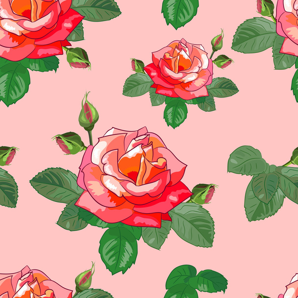 Seamless Pattern of Roses and Leaves - Vector, afbeelding