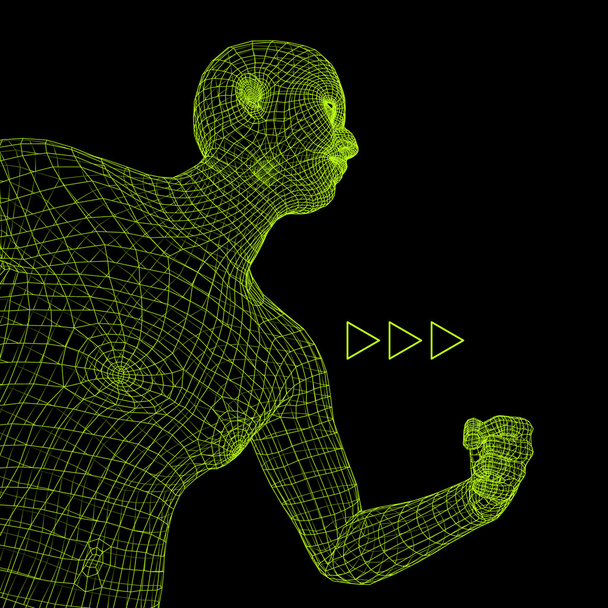 Running Man. Polygonal Design. 3D Model of Man. Geometric Design. Business, Science and Technology Vector Illustration. 3d Polygonal Covering Skin. Human Polygon Body. Human Body Wire Model. - Вектор,изображение